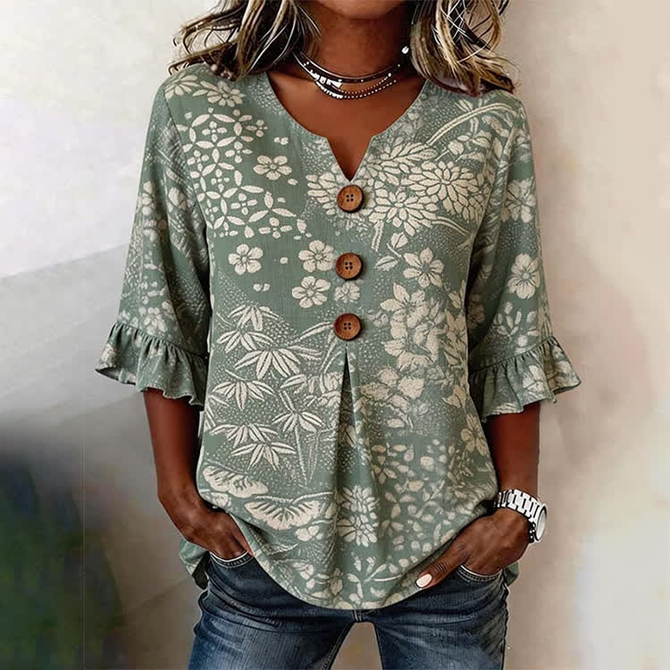 Elegant Japanese Kimono Plants Pattern Print Button V-Neck Blouse With Ruffle Sleeves - Light Green - US32-34(5XL) - image 1