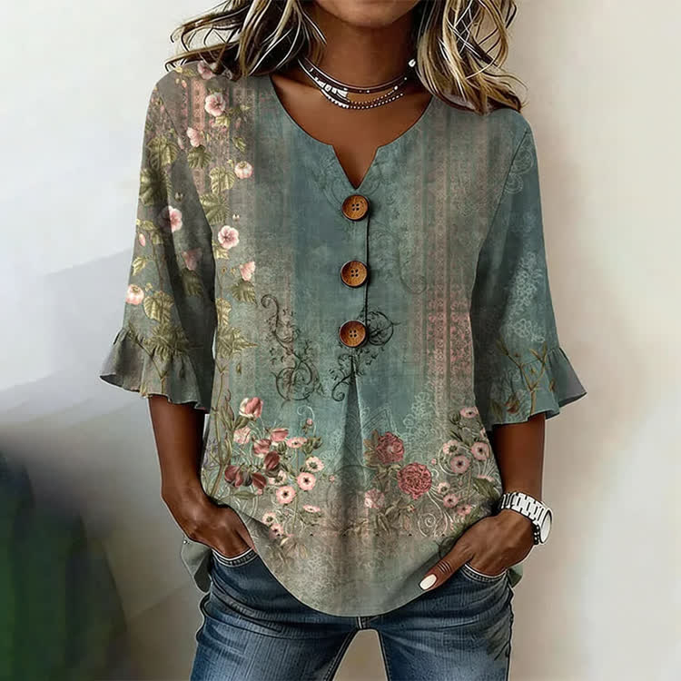Retro-Ethnic Mystery Pattern Print Button V-Neck Blouse With Ruffle Sleeves - Green - US32-34(5XL) - image 1