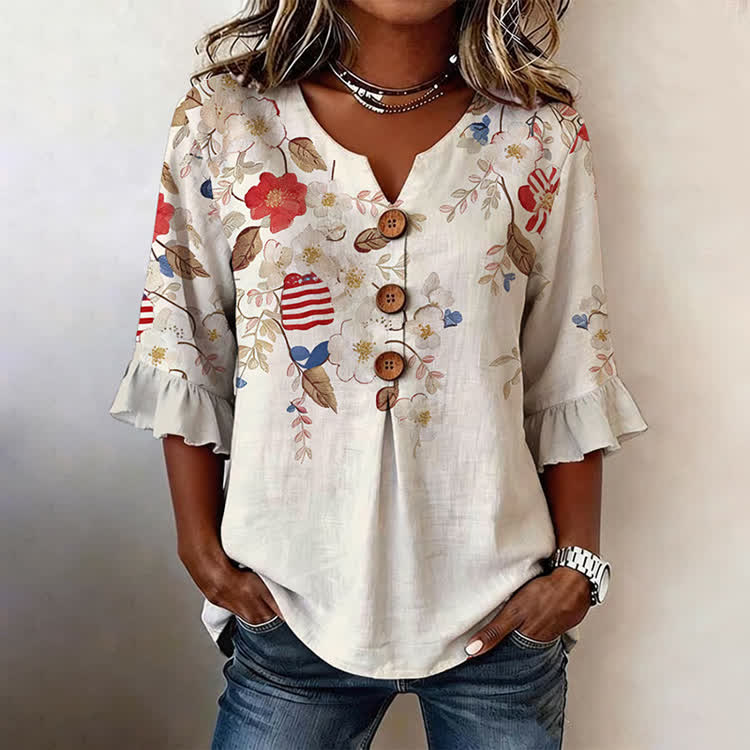 Retro Red And White Floral Pattern Print Button V-Neck Blouse With Ruffle Sleeves - White - US32-34(5XL) - image 1