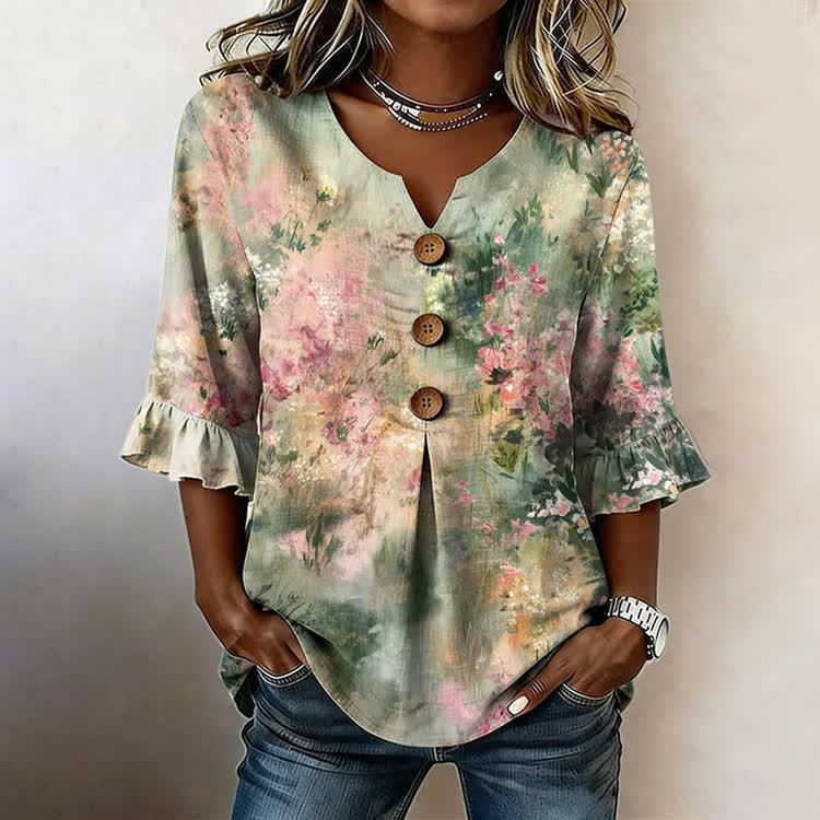 Retro Oil-Painting Style Hydrangea Colors Pattern Print Button V-Neck Blouse With Ruffle Sleeves - Pink - US32-34(5XL) - image 1