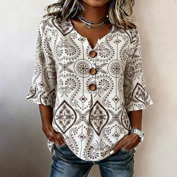 Boho Ethnic Geometric Lines Pattern Print Button V-Neck Blouse With Ruffle Sleeves - Brown - US32-34(5XL) - image 1