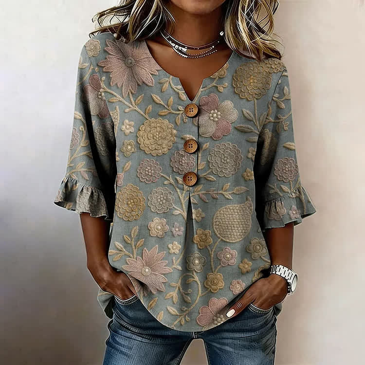 Boho Retro Ethnic Floral Pattern Print Button V-Neck Blouse With Ruffle Sleeves - Army Green - US32-34(5XL) - image 1