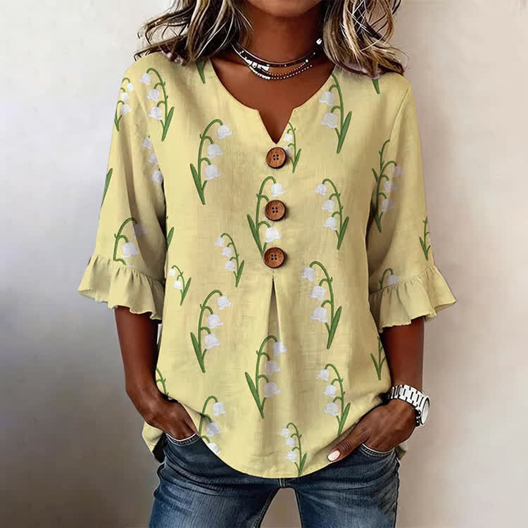 Elegant Lily Of The Valley Pattern Print Button V-Neck Blouse With Ruffle Sleeves - Yellow - US32-34(5XL) - image 1