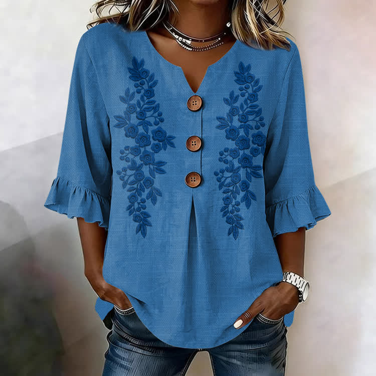 Ethnic Monochromatic Floral  Pattern Print Button V-Neck Blouse With Ruffle Sleeves - Blue - US32-34(5XL) - image 2