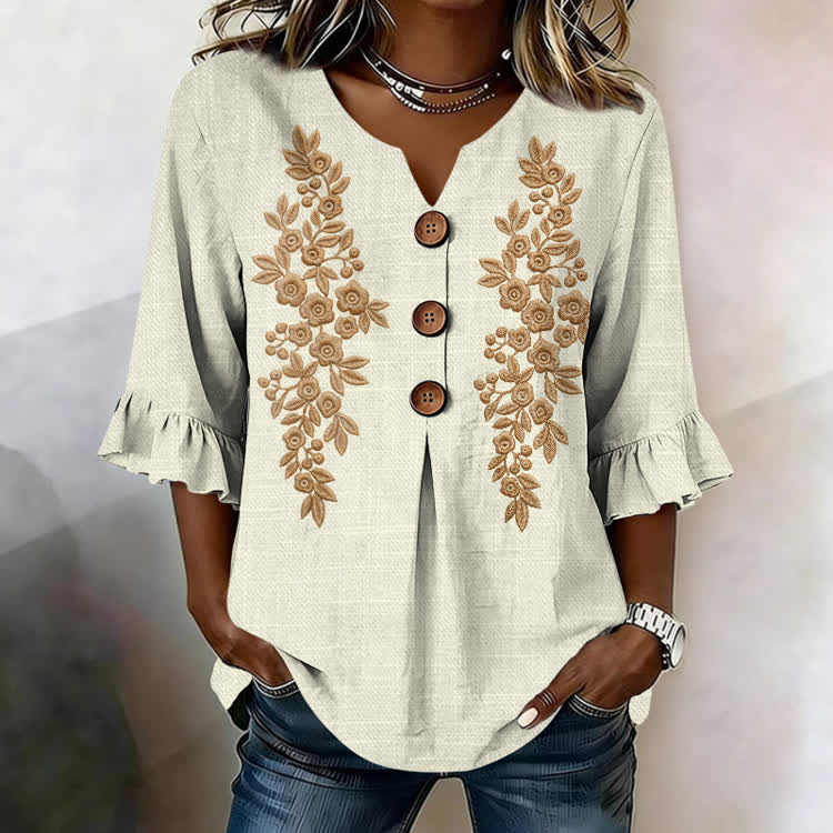 Ethnic Monochromatic Floral  Pattern Print Button V-Neck Blouse With Ruffle Sleeves - Apricot - US32-34(5XL) - image 1
