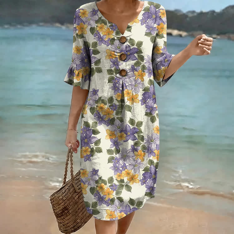Elegant Two-colored Flower Pattern Print Notched Collar Button Ruffled Half Midi Dress - Apricot - US 22 (4XL) - image 1