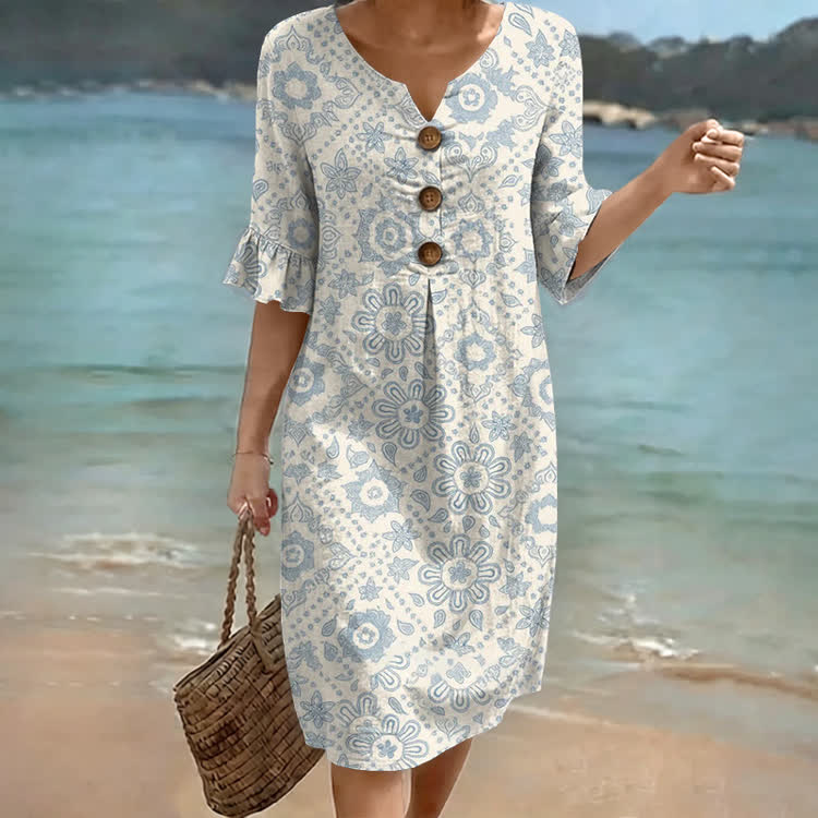 Boho Ethnic Henna Flower Pattern Print Notched Collar Button Ruffled Half Midi Dress - Light Blue - US 22 (4XL) - image 1