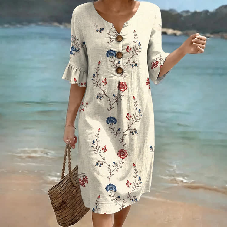 Boho Red And Blue Vine Flowers Pattern Print Notched Collar Button Ruffled Half Midi Dress - Apricot - US 22 (4XL) - image 1