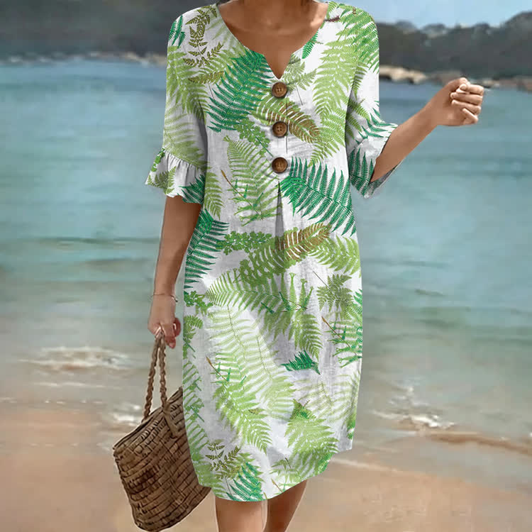 Boho Ferns Pattern Print Notched Collar Button Ruffled Half Midi Dress - Green - US 22 (4XL) - image 1