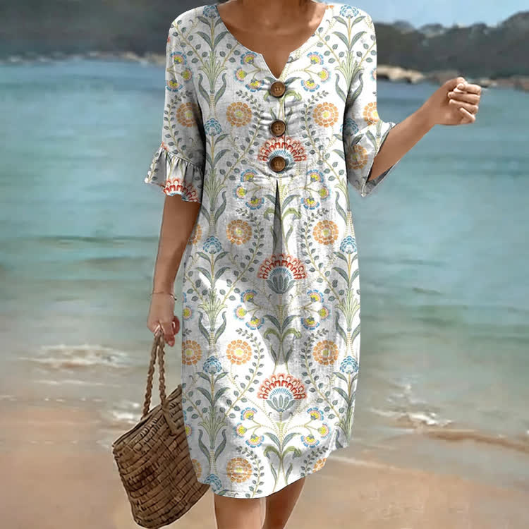 Vintage Boho Ethnobotany Pattern Print Notched Collar Button Ruffled Half Midi Dress - White - US 22 (4XL) - image 1