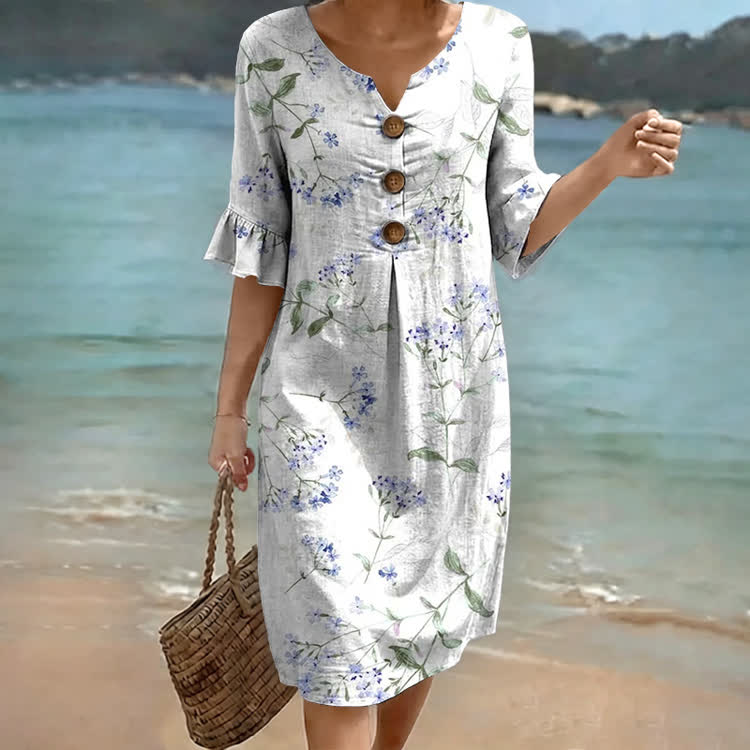 Watercolor Wildflowers Pattern Print Notched Collar Button Ruffled Half Midi Dress - White - US 22 (4XL) - image 1
