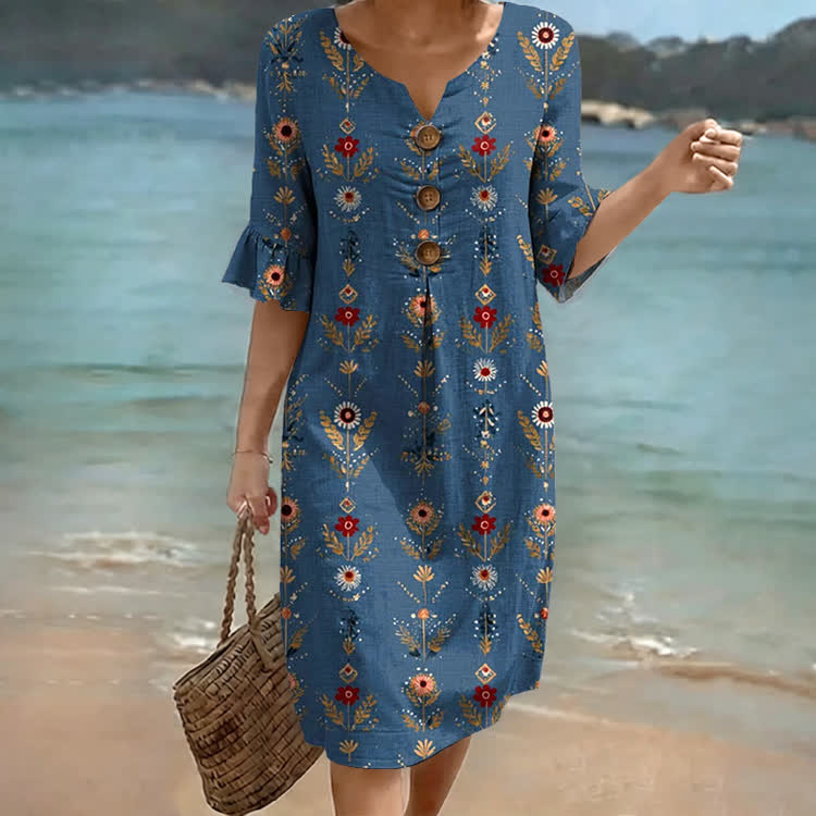 Boho Ethnic Floral Stripe Pattern Print Notched Collar Button Ruffled Half Midi Dress - Dark Blue - US 22 (4XL) - image 1