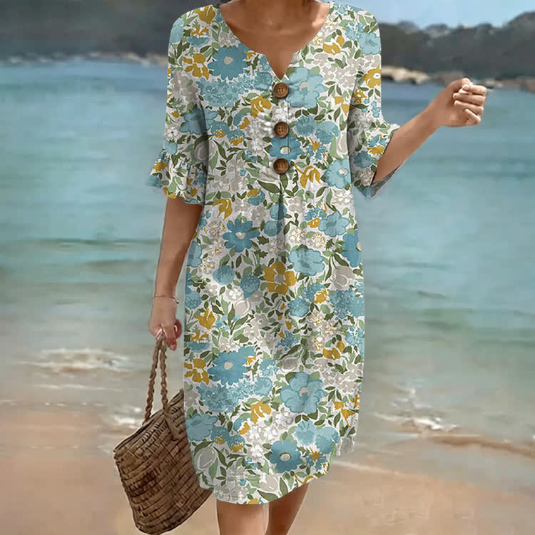 Boho Vacation Flowers Pattern Print Notched Collar Button Ruffled Half Midi Dress - Light Blue - US 22 (4XL) - image 1