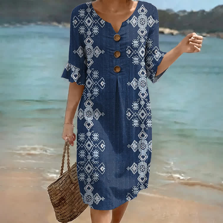 Vacation-style Ethnic Geometric Pattern Print Notched Collar Button Ruffled Half Midi Dress - Dark Blue - US 22 (4XL) - image 1