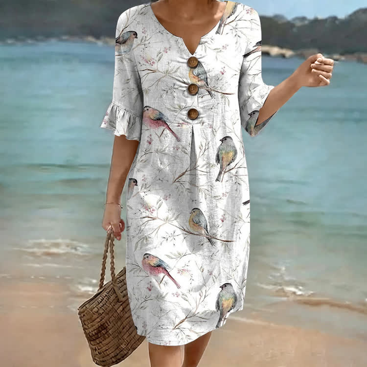 Watercolor Little Bird And The Grass Pattern Print Notched Collar Button Ruffled Half Midi Dress - White - US 22 (4XL) - image 1