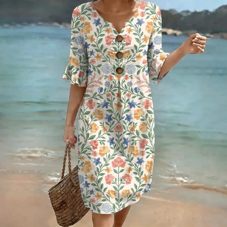 Watercolor Floral Vacation Pattern Print Notched Collar Button Ruffled Half Midi Dress - White - US 22 (4XL) - image 1