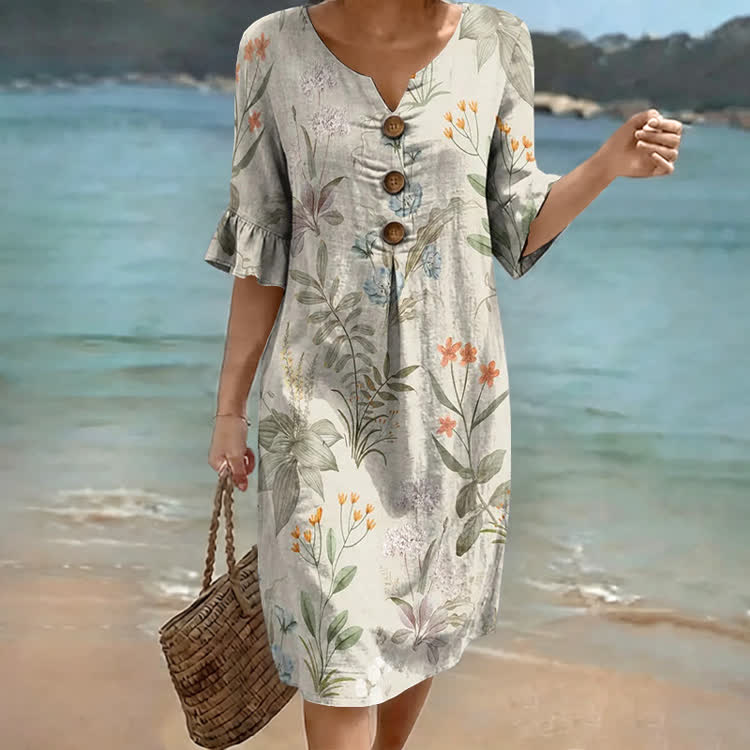 Vintage Wildflowers Plants Pattern Print Notched Collar Button Ruffled Half Midi Dress - Warm Grey - US 22 (4XL) - image 1