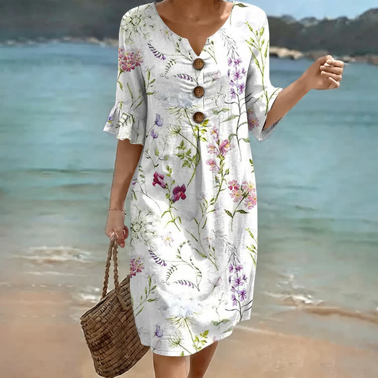 Romantic Watercolor Wildflowers Pattern Print Notched Collar Button Ruffled Half Midi Dress - White - US 22 (4XL) - image 1