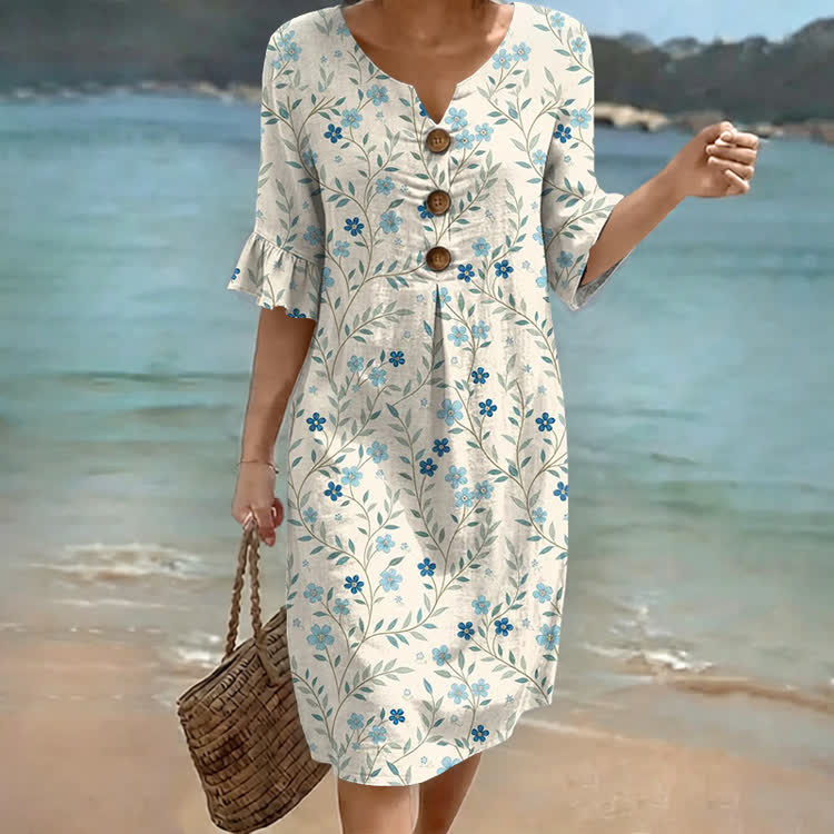 Watercolor Mini Floral Vines Pattern Print Notched Collar Button Ruffled Half Midi Dress - Apricot - US 22 (4XL) - image 1