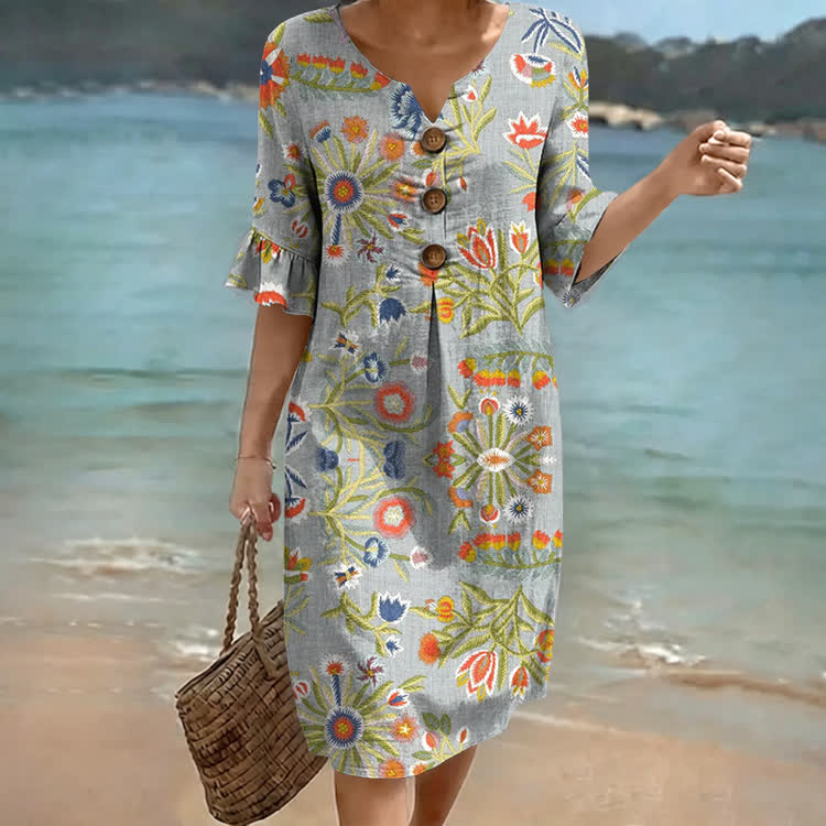 Ethnic-style Vacation Florals Pattern Print Notched Collar Button Ruffled Half Midi Dress - Grey - US 22 (4XL) - image 1