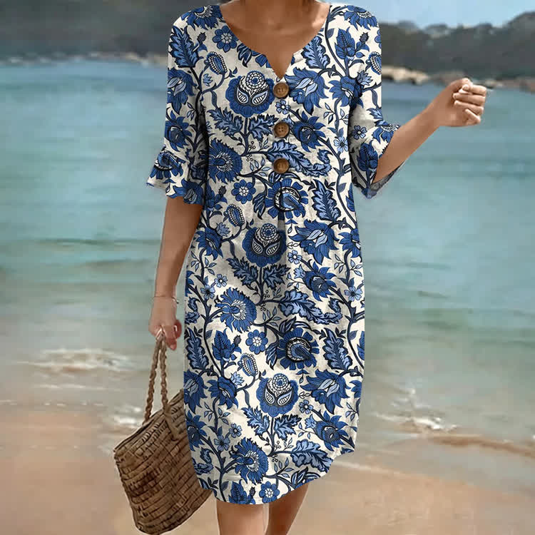 Stropical Flowers And Fruits Pattern Print Notched Collar Button Ruffled Half Midi Dress - Dark Blue - US 22 (4XL) - image 1