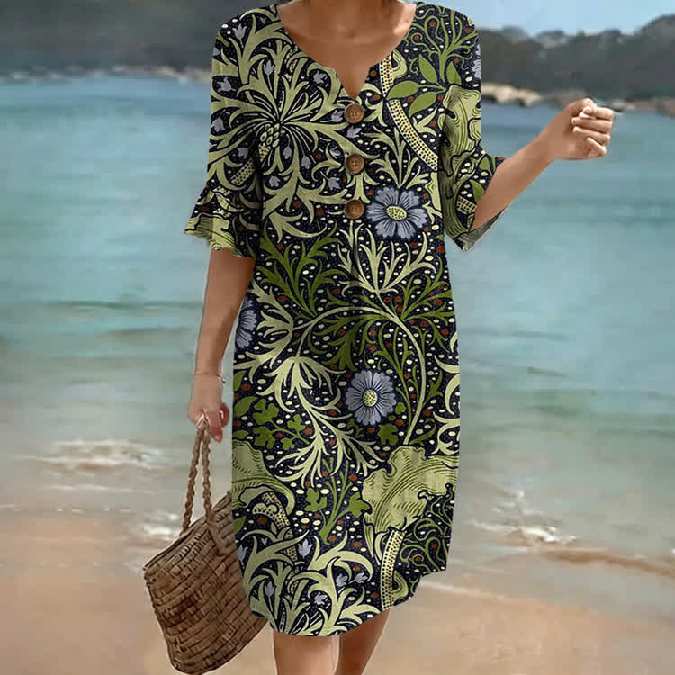 Tropical Ethnic Vines and Vegetation Pattern Print Notched collar Button Ruffled Half MIdi Dress - Black - US 22 (4XL) - image 1