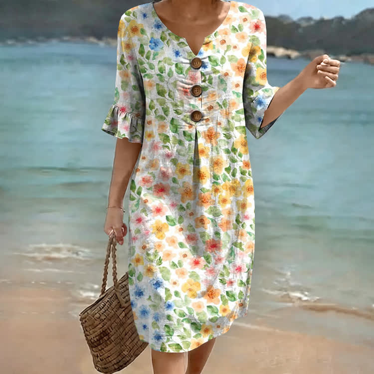 Romantic Watercolor Gradient Flowers Pattern Print Notched collar Button Ruffled Half MIdi Dress - White - US 22 (4XL) - image 1