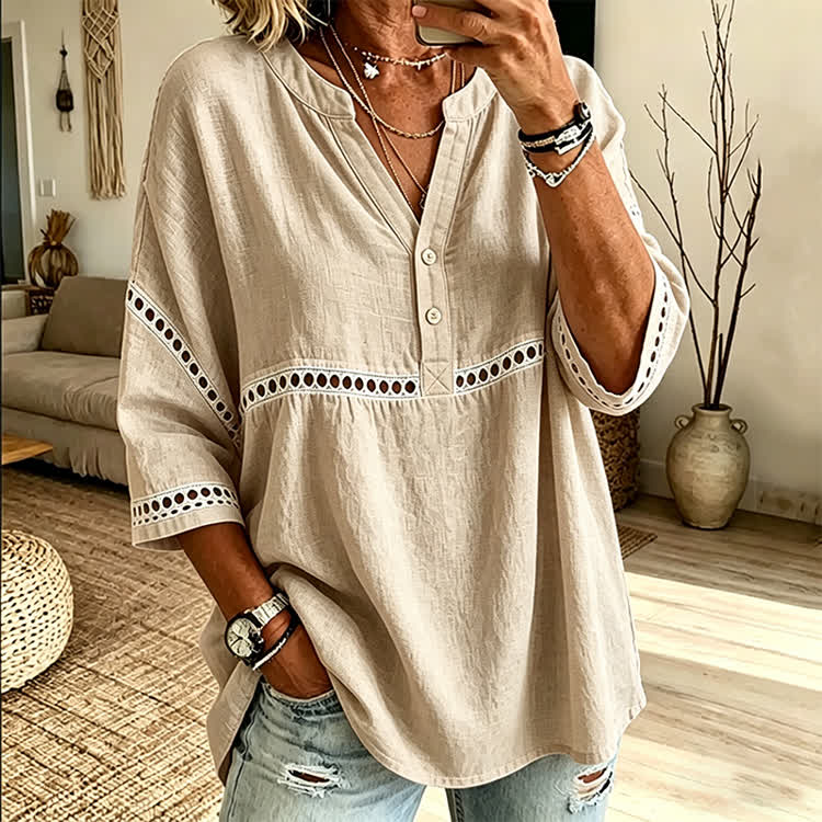 Elegant Solid Openwork Lace Splicing Henley Collar 3/4 Sleeve Blouse - Apricot - US 22 (4XL) - image 2