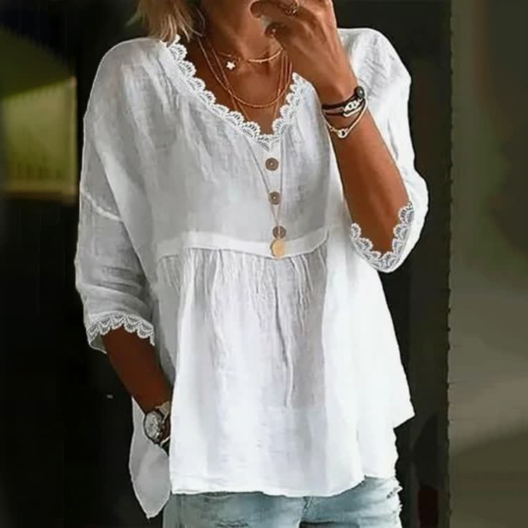 Elegant Solid Openwork Lace Splicing V-neck 3/4 Sleeve Blouse - White - US 22 (4XL) - image 1