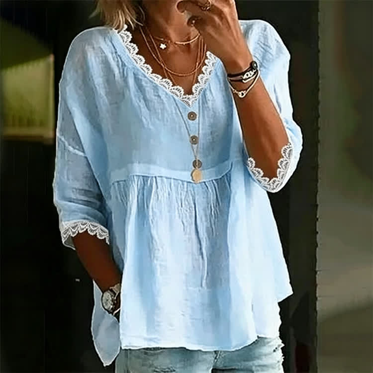Elegant Solid Openwork Lace Splicing V-neck 3/4 Sleeve Blouse - Light Blue - US 22 (4XL) - image 2