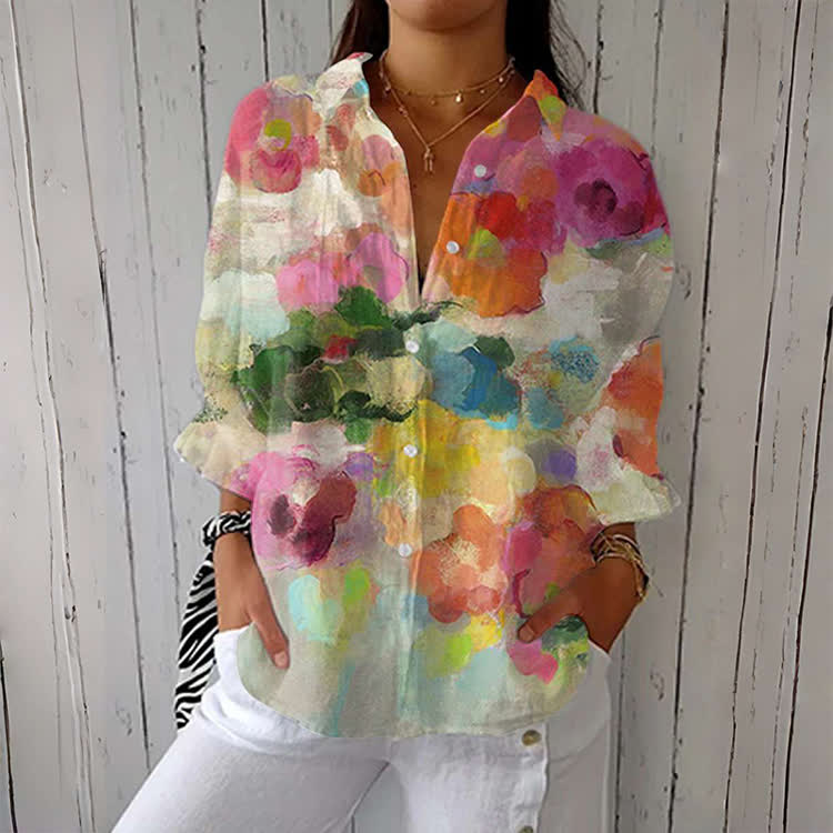 Watercolor Floral Print Button-down Shirt - Multicolor - 6XL - image 1