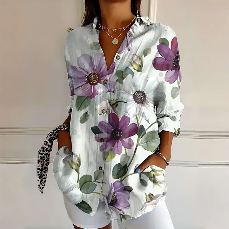 Purple Watercolor Floral Print Button-down Long Sleeve Blouse - White - 4XL - image 1