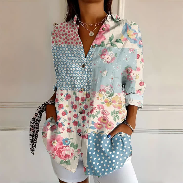 Retro Boho Floral Print Button-down Long Sleeve Blouse - Multicolor - 4XL - image 1
