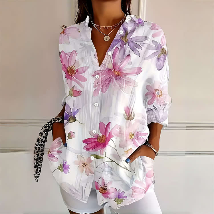 Watercolor Pink Purple Floral Print Button-down Long Sleeve Blouse - White - 4XL - image 1
