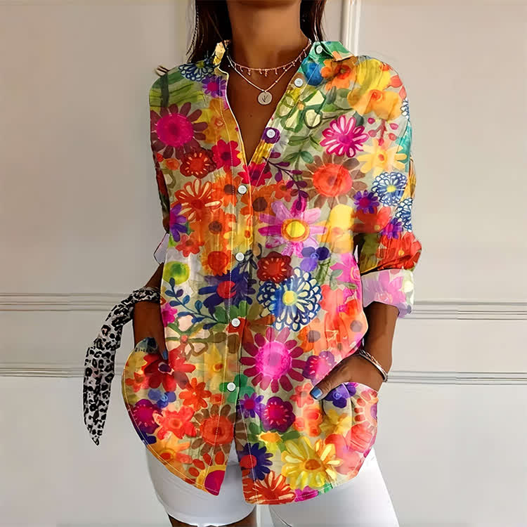 Bright Floral Print Button-down Long Sleeve Blouse - Multicolor - 4XL - image 1