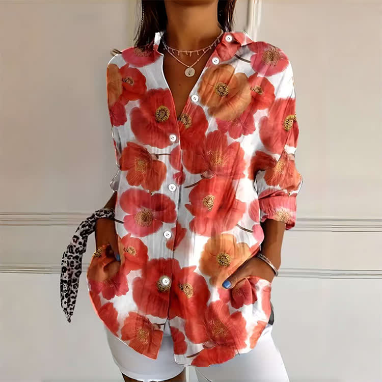 Red Floral Art Print Button-down Long Sleeve Blouse - White - 4XL - image 1
