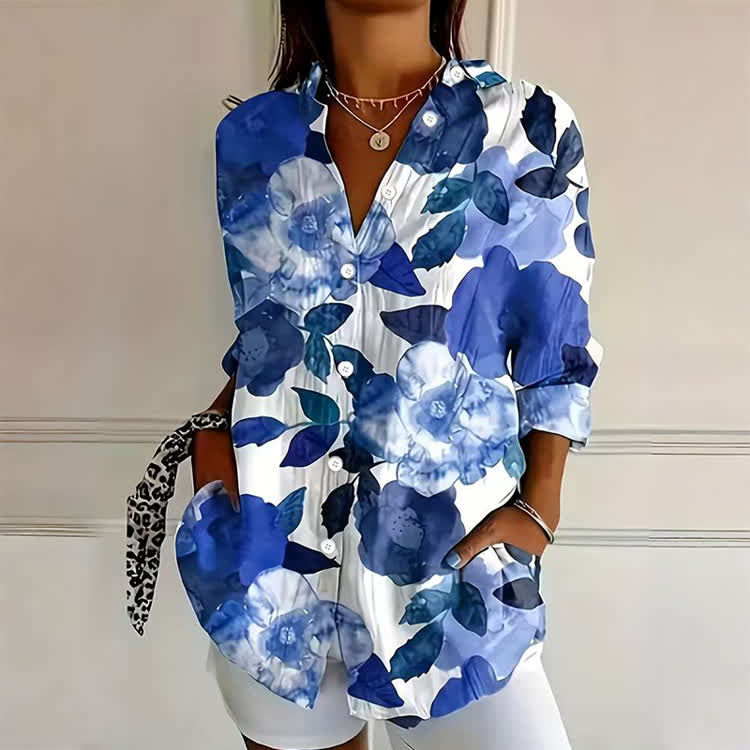 Blue Floral Art Print Button-down Long Sleeve Blouse - Blue - 4XL - image 1