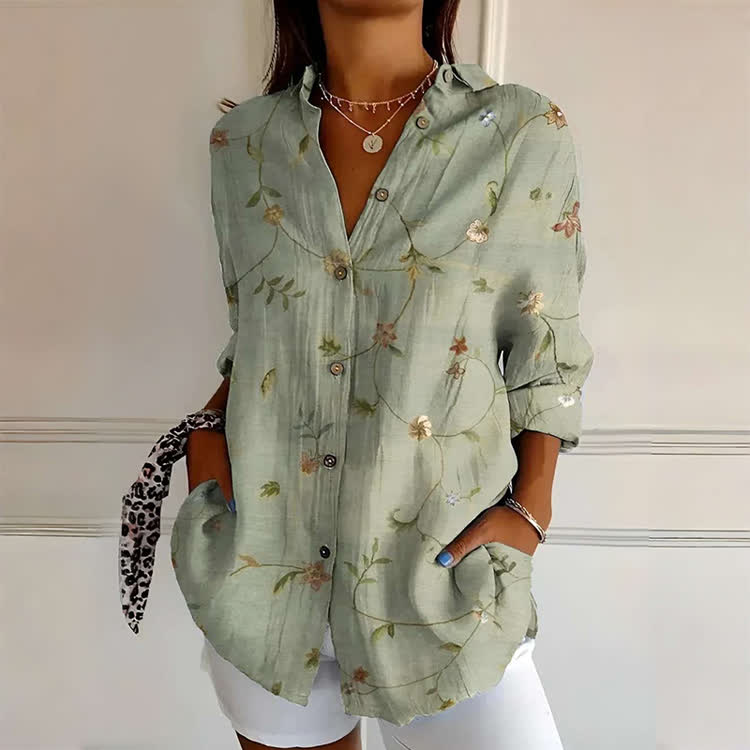 Sage Green Floral Print Button-down Long Sleeve Blouse - Green - 4XL - image 1