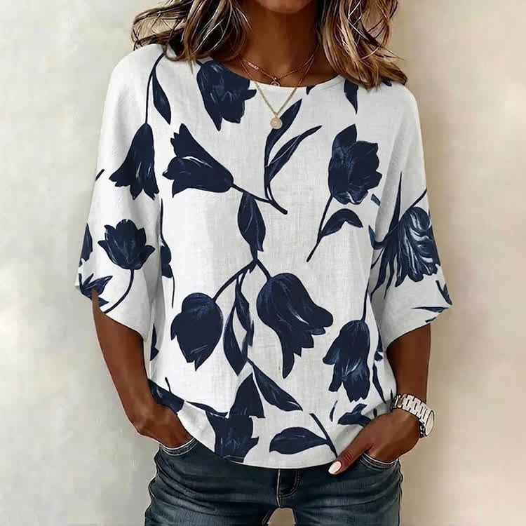 Elegant Blue Floral Print Half Sleeve Casual Blouse - White - US 28-30 (4XL) - image 1