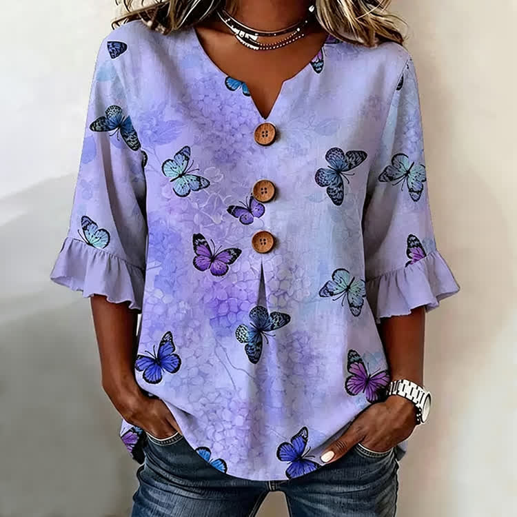 Purple Butterfly Print Button V-Neck Blouse With Ruffle Sleeves - Purple - US 22 (4XL) - image 1