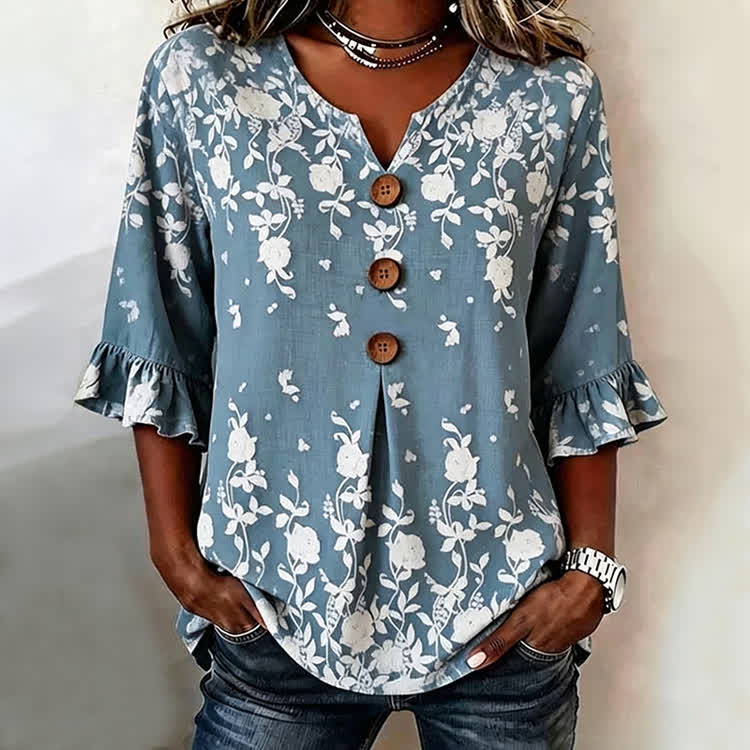Blue & White Floral Print Button V-Neck Blouse With Ruffle Sleeves - Blue - US 22 (4XL) - image 1