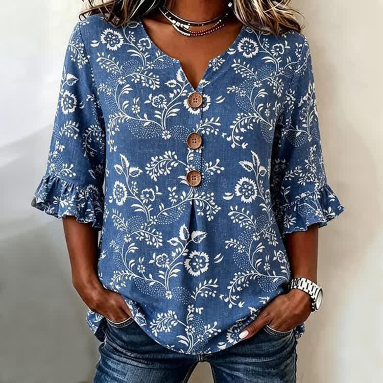 Casual Boho Floral Print Button V-Neck Blouse With Ruffle Sleeves - Blue - US 22 (4XL) - image 1