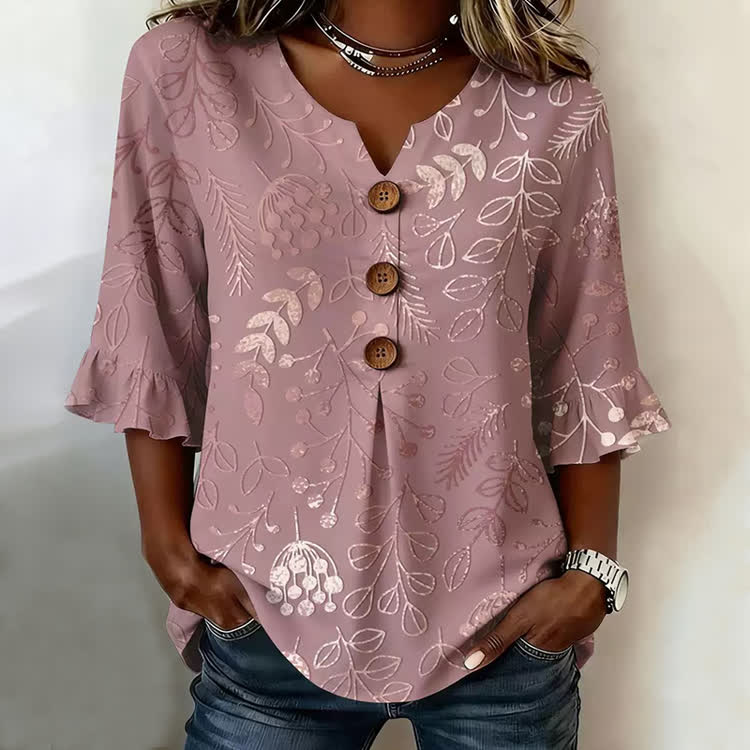 Dusty Pink Leaf Print Button V-Neck Blouse With Ruffle Sleeves - Pink - US 22 (4XL) - image 1