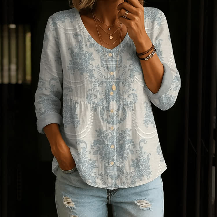 Elegant Court-Style Floral Vases Pattern Print Button V-Neck A-Line Long Sleeve Blouse - Light Blue - US 26-28 (4XL) - image 1