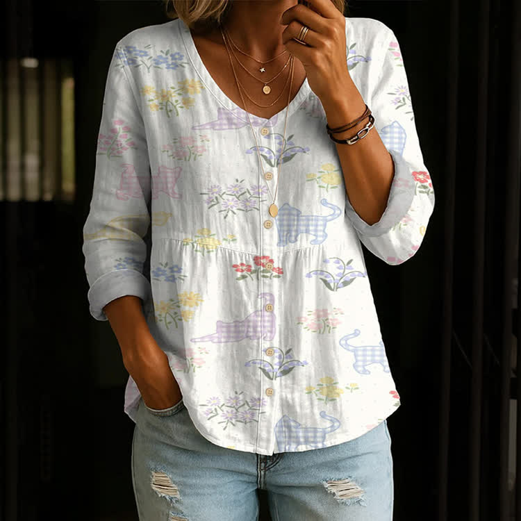 Elegant Cat Plaid Floral Painted Decoration  Pattern Print Button V-Neck A-Line Long Sleeve Blouse - White - US 26-28 (4XL) - image 1