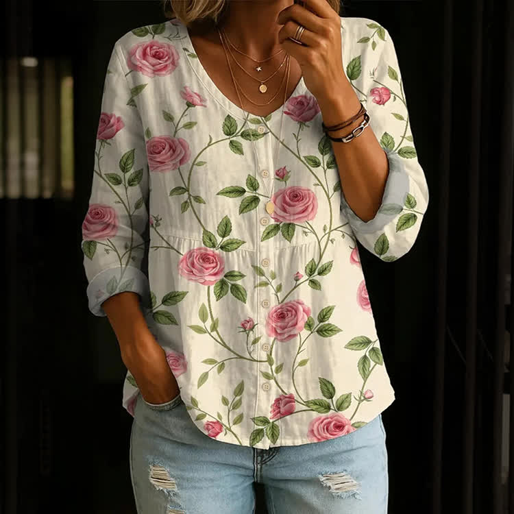 Elegant Rose Vines  Pattern Print Button V-Neck A-Line Long Sleeve Blouse - Apricot - US 26-28 (4XL) - image 1