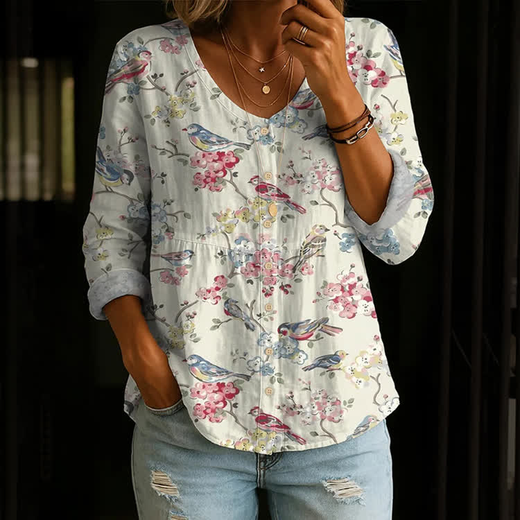 Elegant Flowers And Birds Pattern Print Button V-Neck A-Line Long Sleeve Blouse - Apricot - US 26-28 (4XL) - image 1