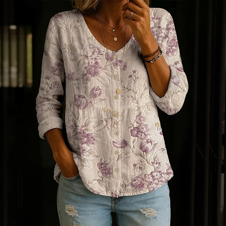 Elegant Cluster Of Flowers Pattern Print Button V-Neck A-Line Long Sleeve Blouse - Apricot - US 26-28 (4XL) - image 1