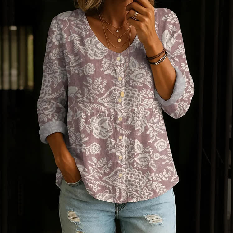 Tropical Flower And Fruit Pattern Print Button V-Neck A-Line Long Sleeve Blouse - Coffee - US 26-28 (4XL) - image 1