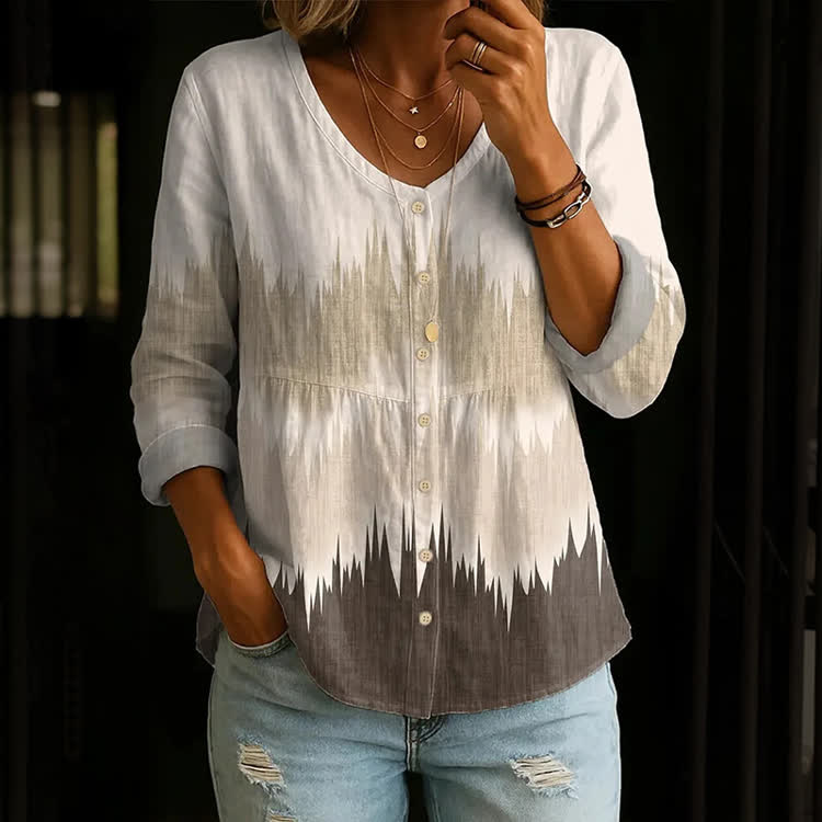 Boho Tie-Dye Gradient Stripes Pattern Print Button V-Neck A-Line Long Sleeve Blouse - Coffee - US 26-28 (4XL) - image 1